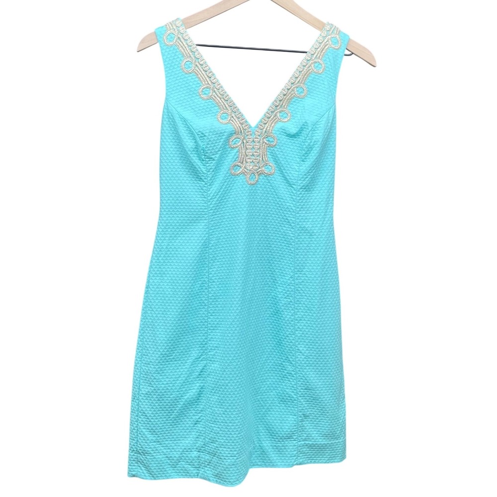 Lilly Pulitzer Bently Shift Dress Womens Size 2 Aqua Blue Gold Embroidered